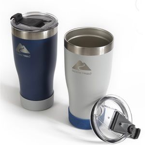 2 Ozark Trail Vacuum Insulated Cups with spill proof lid, grey/blue.